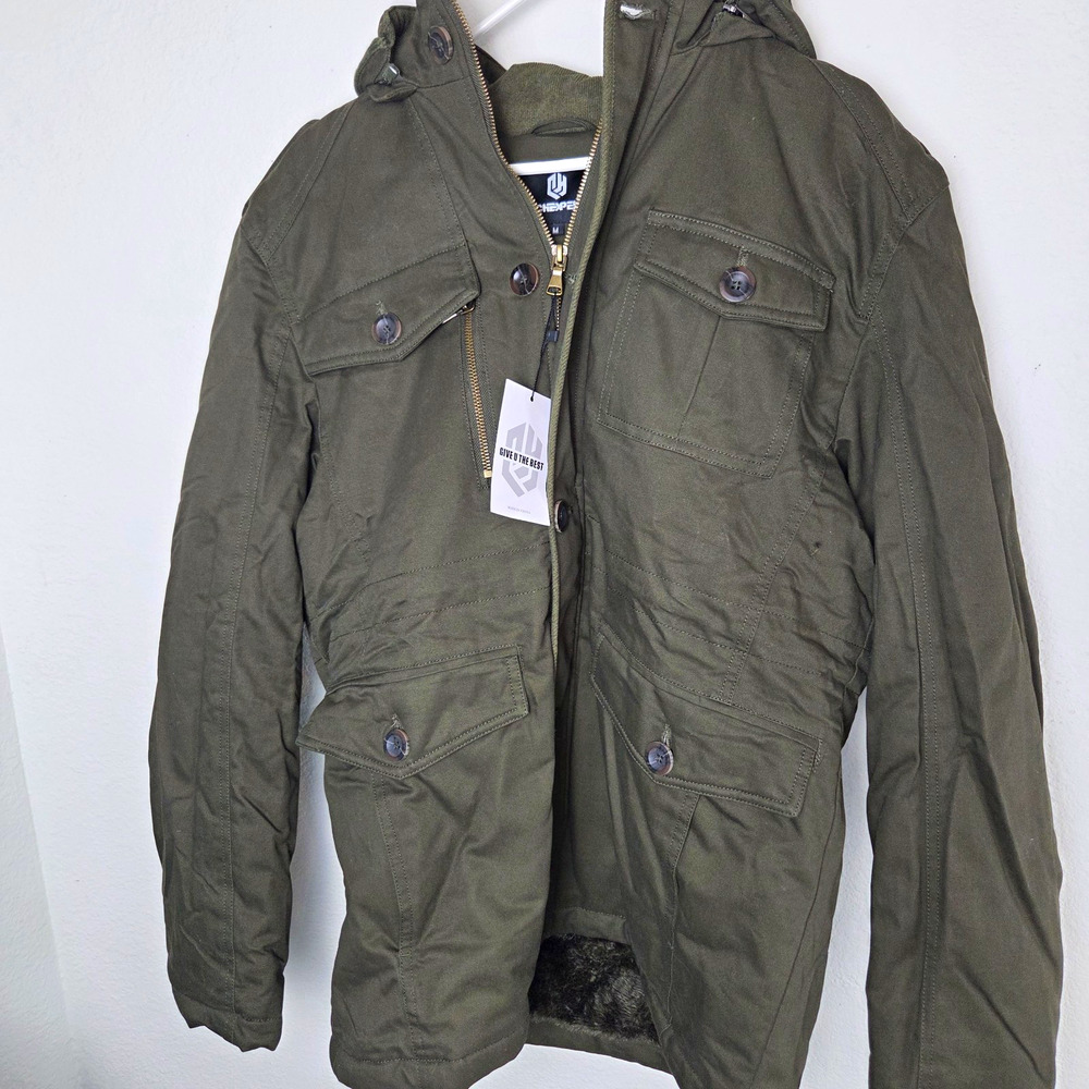 NWT CHEXPEL Men Military Jacket Fleece Lined Hooded Cotton Utility Field Coat M
